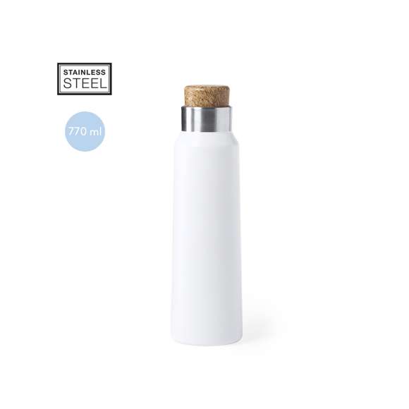 Bidón de inspiración nature en alta calidad y de gran capacidad -770 ml-. En acero inox, con tapón de diseño inspirado en el corcho. Disponible en elegantes colores blanco y negro y presentado en atractiva caja de diseño eco. Disponible manual de instrucciones en español e inglés.