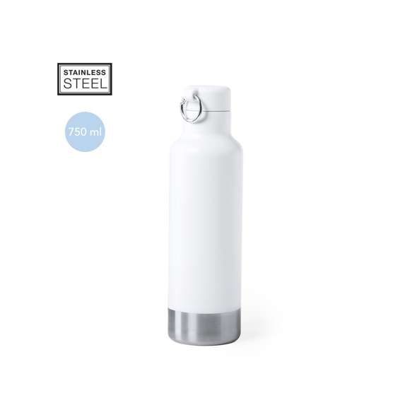  Bidón en alta calidad y de gran capacidad -750 ml-. En acero inox, con tapón a juego y anilla de transporte. Base en elegante acabado inox y disponible en elegantes colores blanco y negro. Presentado en atractiva caja de diseño