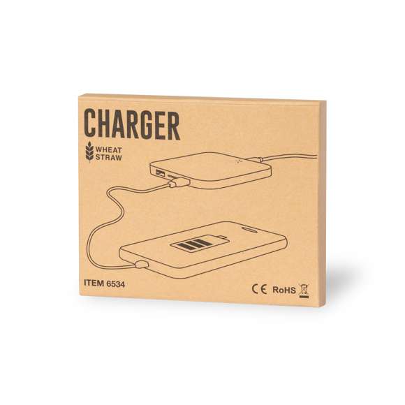 Cargador inalámbrico de línea nature. Carcasa en caña de trigo, para así fomentar la utilización de materias primas naturales y reducir las emisiones contaminantes. Con salida USB dual de 2.100 mA de capacidad para carga simultánea de hasta 3 dispositivos (1 por carga inalámbrica y 2 por cable). Base antideslizante y compatible con dispositivos equipados con tecnología de carga inalámbrica. Presentado en atractiva caja de diseño eco.