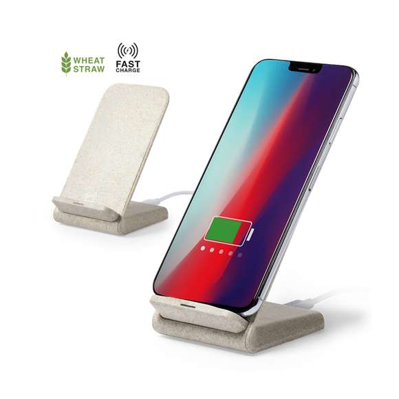 Cargador inalámbrico de línea nature con función soporte para móvil. Carcasa en caña de trigo, para así fomentar la utilización de materias primas naturales y reducir las emisiones contaminantes. Con función carga rápida de 10W y compatible con dispositivos equipados con tecnología de carga inalámbrica. Con luz indicadora de estado de carga y cable de 100 cm. Amplia superficie de marcaje, presentado en atractiva caja de diseño eco.