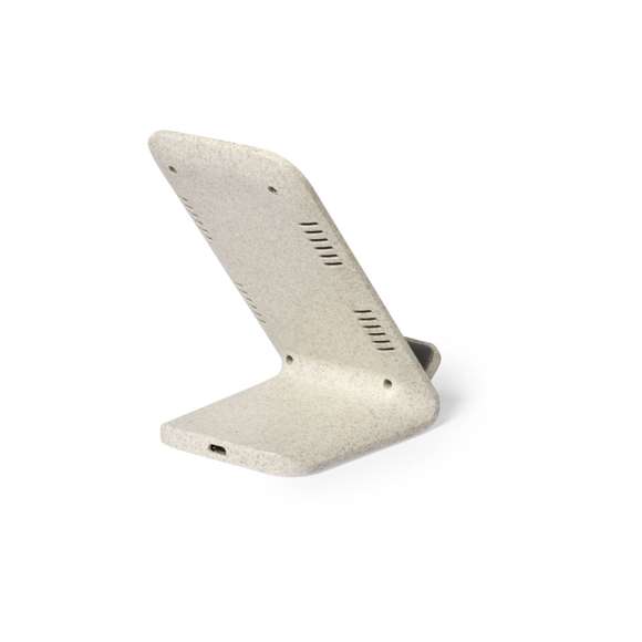 Cargador inalámbrico de línea nature con función soporte para móvil. Carcasa en caña de trigo, para así fomentar la utilización de materias primas naturales y reducir las emisiones contaminantes. Con función carga rápida de 10W y compatible con dispositivos equipados con tecnología de carga inalámbrica. Con luz indicadora de estado de carga y cable de 100 cm. Amplia superficie de marcaje, presentado en atractiva caja de diseño eco.