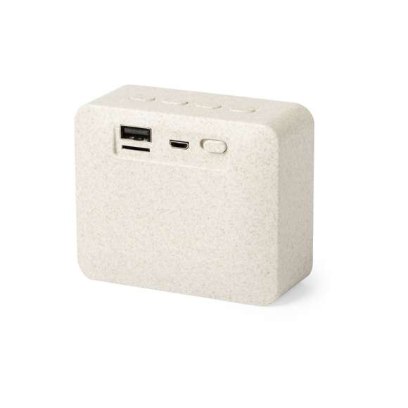  	Altavoz de línea nature y conexión Bluetooth® 5.0. Con carcasa en caña de trigo, para así fomentar la utilización de materias primas naturales y reducir las emisiones contaminantes. Ofrece 3W de potencia, con reproductor USB, Compatible con iOS y Android, incluye cable de carga micro USB y viene presentado en una caja individual de diseño eco. Con soportes de goma antideslizantes en la base.