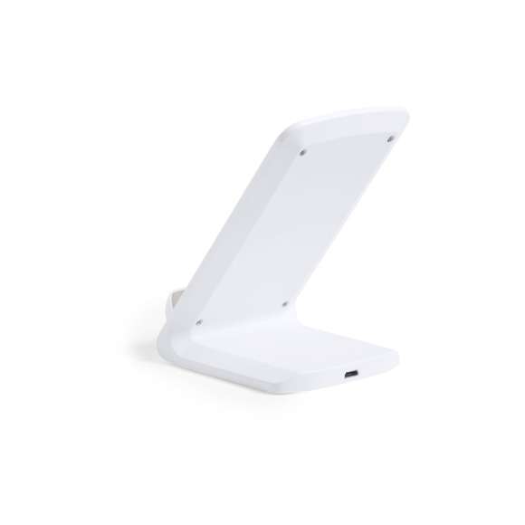 Cargador inalámbrico en elegante acabado blanco con función soporte para móvil. Función carga rápida de 10W y compatible con dispositivos equipados con tecnología de carga inalámbrica. Amplia superficie de marcaje y presentado en atractiva caja de diseño.