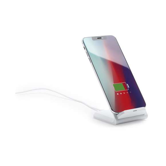 Cargador inalámbrico en elegante acabado blanco con función soporte para móvil. Función carga rápida de 10W y compatible con dispositivos equipados con tecnología de carga inalámbrica. Amplia superficie de marcaje y presentado en atractiva caja de diseño.