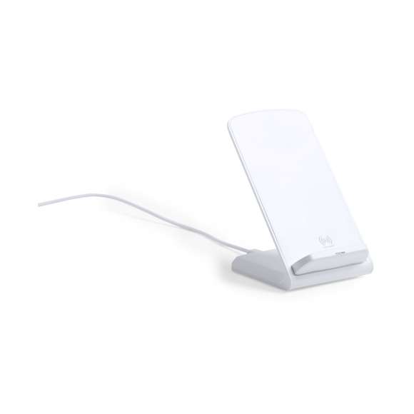Cargador inalámbrico en elegante acabado blanco con función soporte para móvil. Función carga rápida de 10W y compatible con dispositivos equipados con tecnología de carga inalámbrica. Amplia superficie de marcaje y presentado en atractiva caja de diseño.