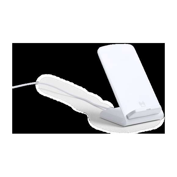 Cargador inalámbrico en elegante acabado blanco con función soporte para móvil. Función carga rápida de 10W y compatible con dispositivos equipados con tecnología de carga inalámbrica. Amplia superficie de marcaje y presentado en atractiva caja de diseño.