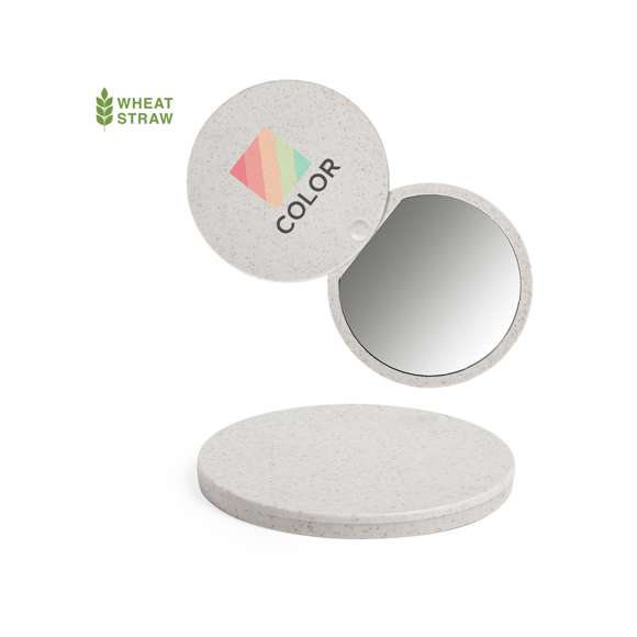 Espejo plegable de línea nature fabricado en caña de trigo, para así fomentar la utilización de materias primas naturales y reducir las emisiones contaminantes.