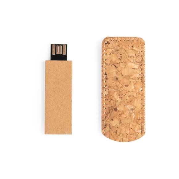 Memoria USB de 16GB de capacidad en línea nature. Cuerpo en cartón reciclado, presentada en una funda de corcho natural y en estuche individual de diseño eco.