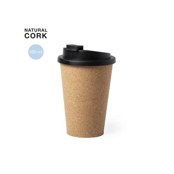 Vaso fabricado en corcho natural con 350 ml de capacidad. Dosificador y tapa abrefácil en PP, libre de BPA. Es ideal para tener en tu escritorio, mesa o en cualquier superficie donde disfrutar tranquilamente de tu bebida favorita.