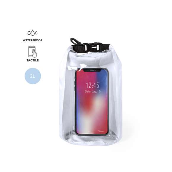 Bolsa impermeable de 2l de capacidad, con ventana transparente táctil para smartphone. Fabricada en resistente ripstop, con cierre de seguridad, asa con hebilla de ajuste y mosquetón. Disponible en variada gama de colores brillantes.