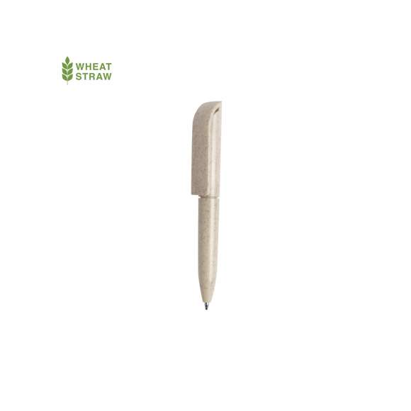 Minibolígrafo con mecanismo giratorio de línea nature. Cuerpo y accesorios en caña de trigo, para así fomentar la utilización de materias primas naturales y reducir las emisiones contaminantes. Disponible en variada gama de colores y en tinta azul.