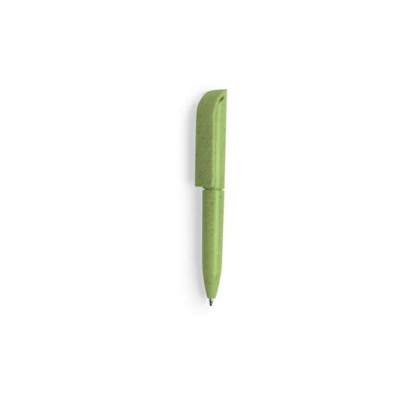 Minibolígrafo con mecanismo giratorio de línea nature. Cuerpo y accesorios en caña de trigo, para así fomentar la utilización de materias primas naturales y reducir las emisiones contaminantes. Disponible en variada gama de colores y en tinta azul.