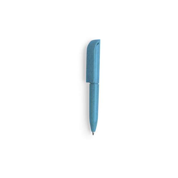 Minibolígrafo con mecanismo giratorio de línea nature. Cuerpo y accesorios en caña de trigo, para así fomentar la utilización de materias primas naturales y reducir las emisiones contaminantes. Disponible en variada gama de colores y en tinta azul.