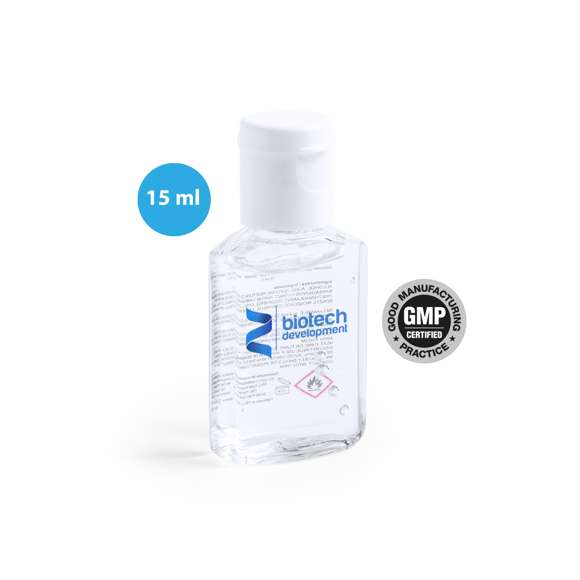  	Gel hidroalcohólico para higiene y limpieza de la piel en bote rellenable de 15 ml, con dosificador y tapón de seguridad. Cuerpo transparente, con tapón en color blanco. Solución con 65% de contenido de alcohol.nbsp   	Artículo con certificación GMP (Good Manufaturing Practices / Normas de Correcta Fabricación) que garantiza el cumplimiento de rigurosas medidas de control para la obtención de un producto seguro y de calidad.