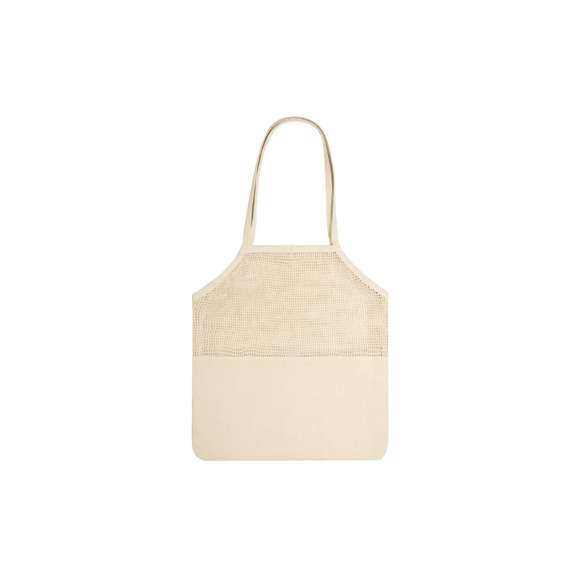 Bolsa de redecilla de línea nature en algodón crudo de 220g/m2, con superficie lisa para impresión. Asas largas de 60 cm reforzadas.