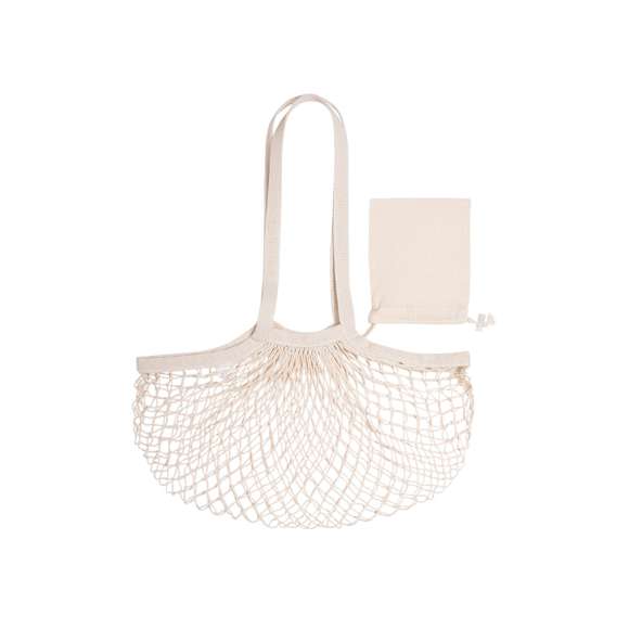 Bolsa plegable de redecilla de gran capacidad. De línea nature enalgodón crudo, con bolsita lisa para impresión de cierre de cordón. Asas largas y plegado de pequeño tamaño para fácil transporte.