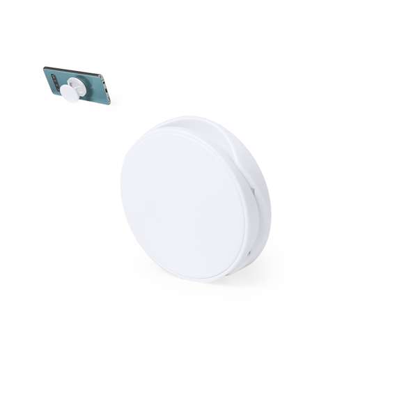 Soporte para smartphone plegable en elegante acabado de color blanco, especialmente diseñado para marcaje en tampografía. Con adhesivo 3M, de fijación extra fuerte y libre de residuos al despegarlo del dispositivo.