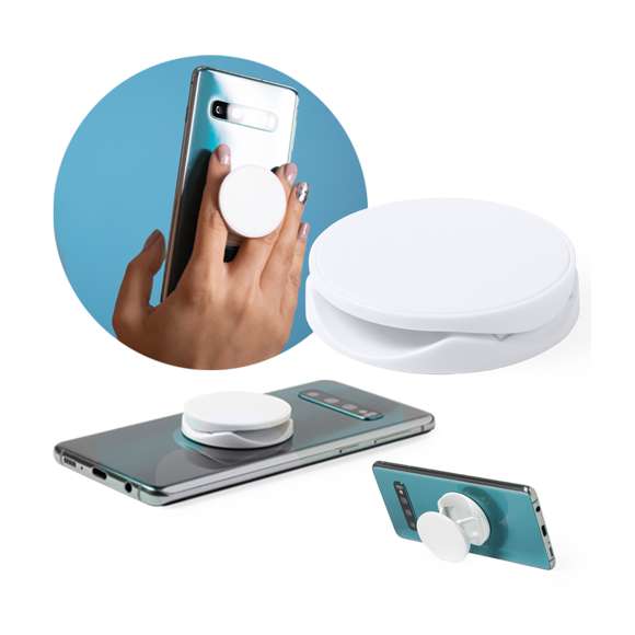 Soporte para smartphone plegable en elegante acabado de color blanco, especialmente diseñado para marcaje en tampografía. Con adhesivo 3M, de fijación extra fuerte y libre de residuos al despegarlo del dispositivo.