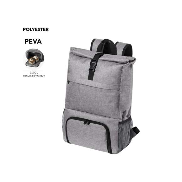 Mochila multiusos en resistente poliéster 600D de acabado denim. De diseño urbano, incluye compartimento isotérmico independiente con cobertura de PEVA para fiambrera. Compartimento principal con cierre de seguridad de hebilla y bolsillos laterales de redecilla. Con cintas de hombros acolchadas, de ajuste regulable.