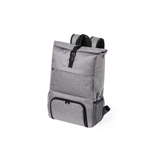 Mochila multiusos en resistente poliéster 600D de acabado denim. De diseño urbano, incluye compartimento isotérmico independiente con cobertura de PEVA para fiambrera. Compartimento principal con cierre de seguridad de hebilla y bolsillos laterales de redecilla. Con cintas de hombros acolchadas, de ajuste regulable.