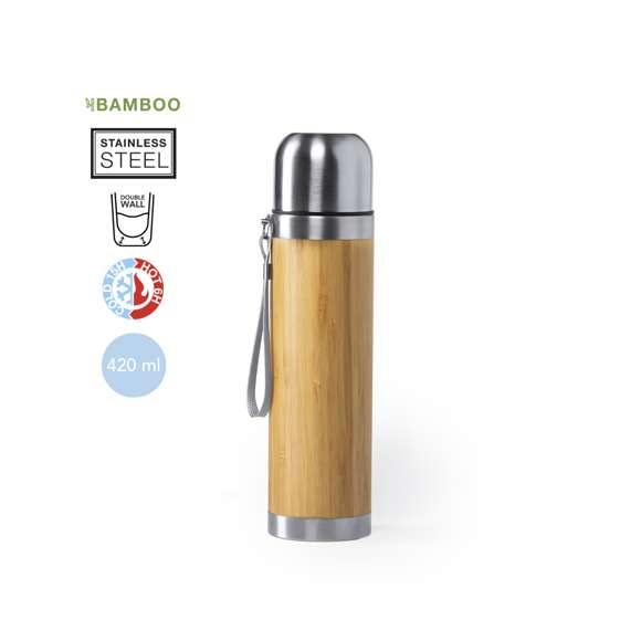 Termo de línea nature en combinación de materiales bambú y acero inox, libre de BPA. 420 ml de capacidad, con doble cobertura para mejor y más duradera conservación de la temperatura. Cierre a rosca, con tapón taza en acero inox y cómoda cinta de transporte. Presentado en atractiva caja de diseño eco. Disponible manual de instrucciones en español e inglés.