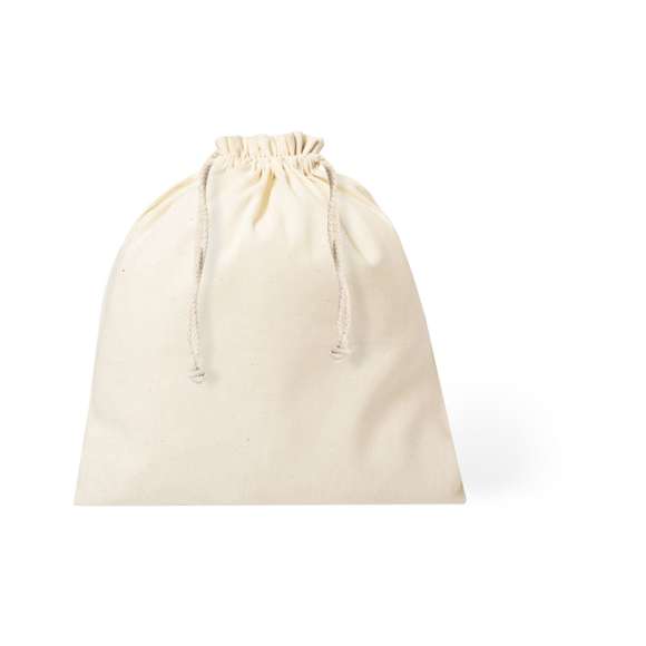Bolsa de línea nature en material 100% algodón de 105g/m2. Tamaño 25x30 cm, de acabado cosido y con cordones autocierre de algodón.