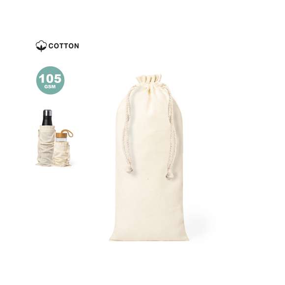 Bolsa de línea nature en material 100% algodón de 105g/m2. Tamaño 12x33 cm, de acabado cosido y con cordones autocierre de algodón. Especialmente diseñada para packaging en botellas y termos.