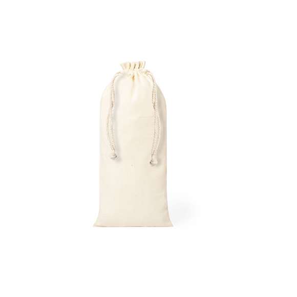Bolsa de línea nature en material 100% algodón de 105g/m2. Tamaño 12x33 cm, de acabado cosido y con cordones autocierre de algodón. Especialmente diseñada para packaging en botellas y termos.