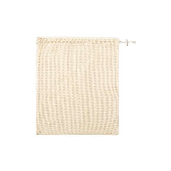Bolsa de redecilla de línea nature en algodón crudo de 120g/m2, con una cara lisa para impresión. Cierre de cordón con accesorio de ajuste.