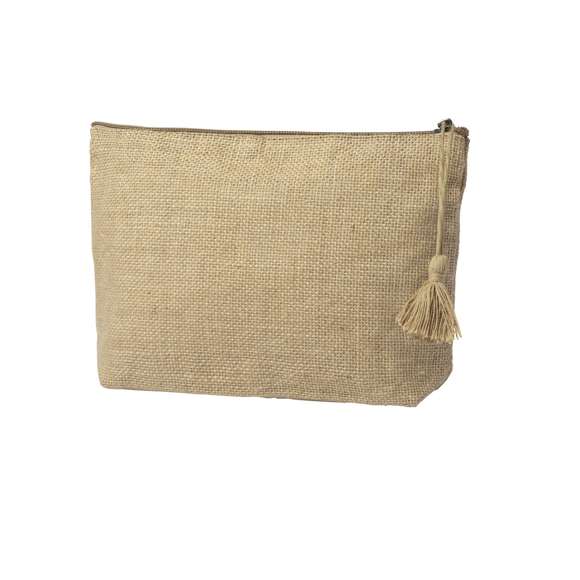 Neceser de línea nature en yute laminado, con cierre de cremallera y tirador súper cuqui en algodón.