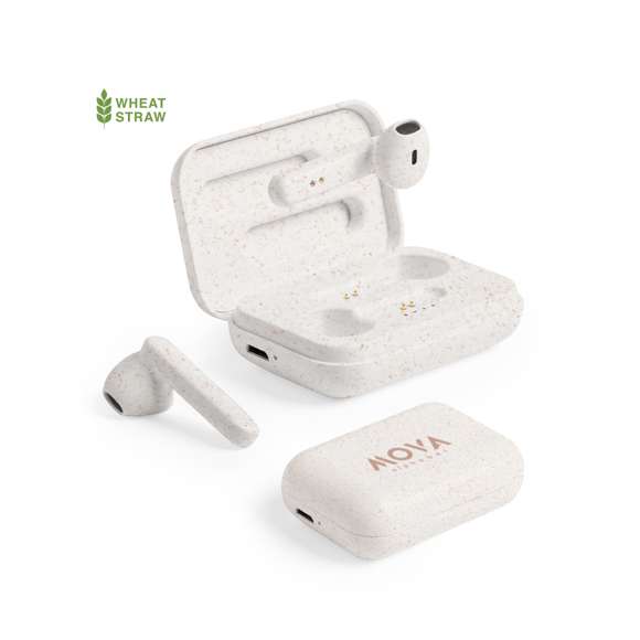  	Auriculares intraurales de línea nature. Conexión Bluetooth® 5.0 y carcasa en caña de trigo, para así fomentar la utilización de materias primas naturales y reducir las emisiones contaminantes. De diseño ergonómico, incluyen botón de control táctil integrado en el auricular, con base de carga a juego y luz LED de estado de carga. Función manos libres y recargables, con cable micro USB incluido. Presentados en estuche individual de lujo con tapa de bisagra y en atractiva caja de diseño eco.