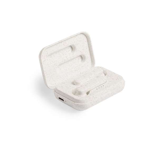  	Auriculares intraurales de línea nature. Conexión Bluetooth® 5.0 y carcasa en caña de trigo, para así fomentar la utilización de materias primas naturales y reducir las emisiones contaminantes. De diseño ergonómico, incluyen botón de control táctil integrado en el auricular, con base de carga a juego y luz LED de estado de carga. Función manos libres y recargables, con cable micro USB incluido. Presentados en estuche individual de lujo con tapa de bisagra y en atractiva caja de diseño eco.