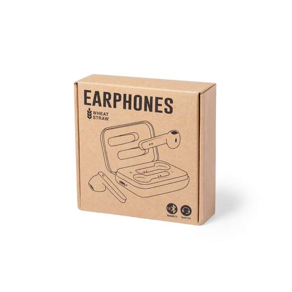  	Auriculares intraurales de línea nature. Conexión Bluetooth® 5.0 y carcasa en caña de trigo, para así fomentar la utilización de materias primas naturales y reducir las emisiones contaminantes. De diseño ergonómico, incluyen botón de control táctil integrado en el auricular, con base de carga a juego y luz LED de estado de carga. Función manos libres y recargables, con cable micro USB incluido. Presentados en estuche individual de lujo con tapa de bisagra y en atractiva caja de diseño eco.