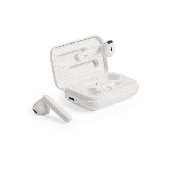  	Auriculares intraurales de línea nature. Conexión Bluetooth® 5.0 y carcasa en caña de trigo, para así fomentar la utilización de materias primas naturales y reducir las emisiones contaminantes. De diseño ergonómico, incluyen botón de control táctil integrado en el auricular, con base de carga a juego y luz LED de estado de carga. Función manos libres y recargables, con cable micro USB incluido. Presentados en estuche individual de lujo con tapa de bisagra y en atractiva caja de diseño eco.
