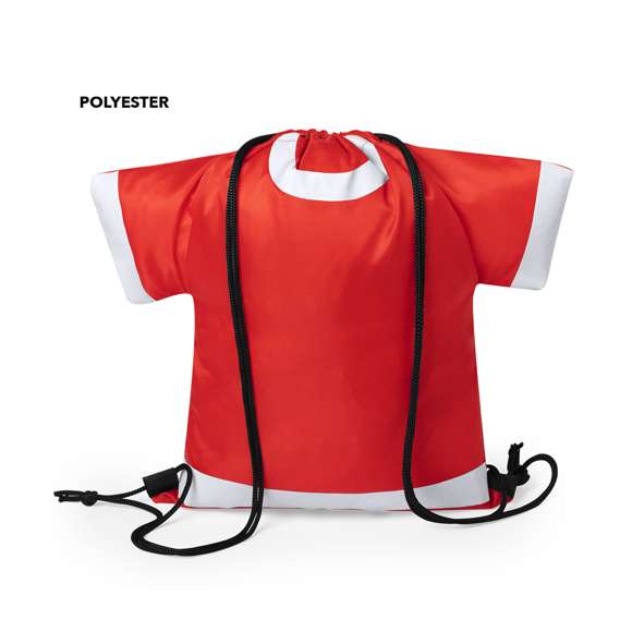 Original y divertida mochila de cuerdas para adulto en forma de camiseta. En suave poliéster 210D, con cuerdas autocierre en color negro y esquinas reforzadas. disponible en variada gama de colores intensos.