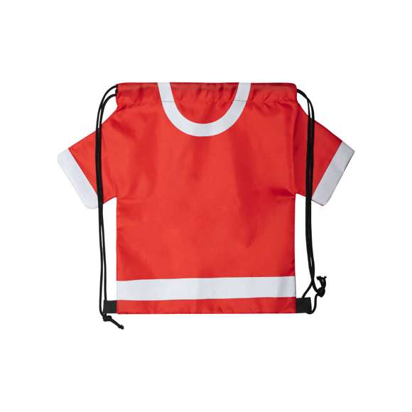Original y divertida mochila de cuerdas para adulto en forma de camiseta. En suave poliéster 210D, con cuerdas autocierre en color negro y esquinas reforzadas. disponible en variada gama de colores intensos.