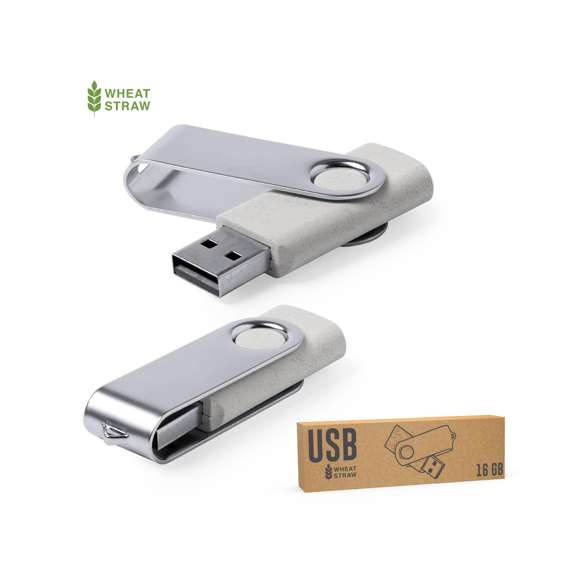 Memoria USB de 16GB de capacidad en línea nature. Cuerpo en caña de trigo, para así fomentar la utilización de materias primas naturales y reducir las emisiones contaminantes y clip metálico de mecanismo giratorio. Presentada en estuche individual de diseño eco.