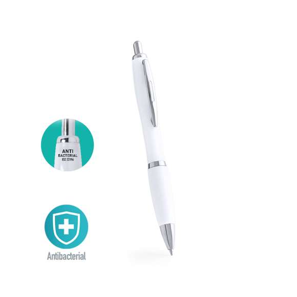  	Bolígrafo antibacteriano. Fabricado en material ABS, especialmente tratado para inhibir y prevenir el crecimiento bacteriano sobre el cuerpo del bolígrafo gracias a la tecnología nano silver, un tratamiento especial realizado con iones de plata. De mecanismo pulsador, con accesorios en color plateado y cuerpo en color blanco. Clip troquelado y cómoda empuñadura, en tinta azul. 	Artículo de acuerdo al estándar ISO 22196:2011, sobre la medida de la actividad antibacteriana en plásticos y otras superficies no porosas.