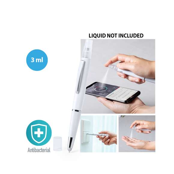 Bolígrafo antibacteriano con pulverizador recargable integrado y capucha protectora, incluye puntero en color gris. Acabado liso en resistente ABS brillante con elegante clip metálico y escritura en tinta azul. Capacidad del pulverizador 3ml. Líquido no incluido.Los productos con tratamientos antibacterianos son capaces de reducir drásticamente las cargas bacterianas presentes en las superficies de los materiales, gracias a la incorporación de agentes microbianos permanentes estáticos, con alta efectividad para inhibir y prevenir la contaminación bacteriana.Artículo de acuerdo al estándar ISO 22196, que determina la actividad antibacteriana en materiales plásticos y superficies no porosas, lo que permite conocer la efectividad de inhibición microbiana que tienen los aditivos sobre los objetos tratados mediante una evaluación cuantitativa.