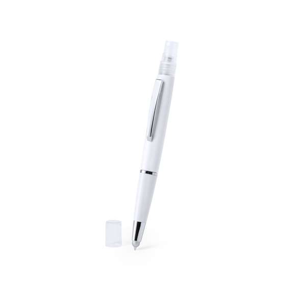 Bolígrafo antibacteriano con pulverizador recargable integrado y capucha protectora, incluye puntero en color gris. Acabado liso en resistente ABS brillante con elegante clip metálico y escritura en tinta azul. Capacidad del pulverizador 3ml. Líquido no incluido.Los productos con tratamientos antibacterianos son capaces de reducir drásticamente las cargas bacterianas presentes en las superficies de los materiales, gracias a la incorporación de agentes microbianos permanentes estáticos, con alta efectividad para inhibir y prevenir la contaminación bacteriana.Artículo de acuerdo al estándar ISO 22196, que determina la actividad antibacteriana en materiales plásticos y superficies no porosas, lo que permite conocer la efectividad de inhibición microbiana que tienen los aditivos sobre los objetos tratados mediante una evaluación cuantitativa.