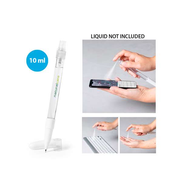 Bolígrafo higienizante con pulverizador recargable integrado y capucha protectora. Acabado en resistente ABS brillante y escritura en tinta azul. Capacidad del pulverizador 10ml. Líquido no incluido. Disponible en color blanco.