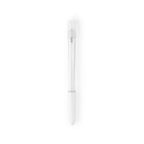 Bolígrafo higienizante con pulverizador recargable integrado y capucha protectora. Acabado en resistente ABS brillante y escritura en tinta azul. Capacidad del pulverizador 10ml. Líquido no incluido. Disponible en color blanco.