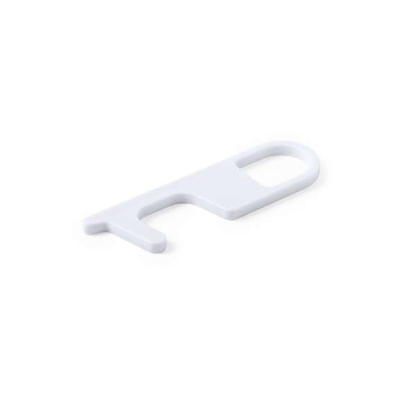 Llavero higiénico antibacteriano y anti-contacto, fabricado en resistente ABS de acabado sólido. Especialmente diseñado para evitar tocar con las manos superficies de uso común (picaportes de puertas, interruptores, grifos de uso público, cajeros automáticos...). Con cómodo troquel para el dedo y presentado en bolsita individual. Recomendado para marcaje en tampografía.Los productos con tratamientos antibacterianos son capaces de reducir drásticamente las cargas bacterianas presentes en las superficies de los materiales, gracias a la incorporación de agentes microbianos permanentes estáticos, con alta efectividad para inhibir y prevenir la contaminación bacteriana.Artículo de acuerdo al estándar ISO 22196, que determina la actividad antibacteriana en materiales plásticos y superficies no porosas, lo que permite conocer la efectividad de inhibición microbiana que tienen los aditivos sobre los objetos tratados mediante una evaluación cuantitativa.