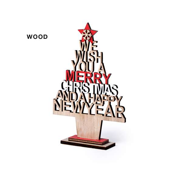 Original árbol de navidad con mensaje troquelado. Fabricado en madera, con amplia superficie de marcaje. Base desmontable y presentado en bolsa individual