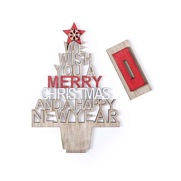 Original árbol de navidad con mensaje troquelado. Fabricado en madera, con amplia superficie de marcaje. Base desmontable y presentado en bolsa individual