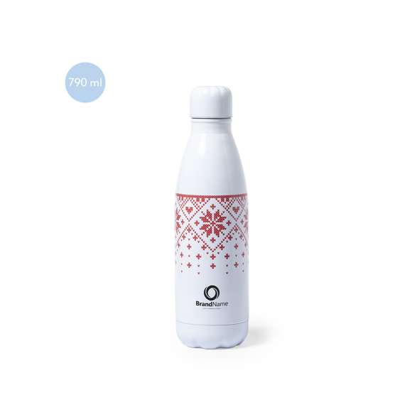 Bidón de 790ml de capacidad con cuerpo de acero inox brillo y diseño bicolor de navidad. Con tapón de seguridad y presentado en atractiva caja de diseño.