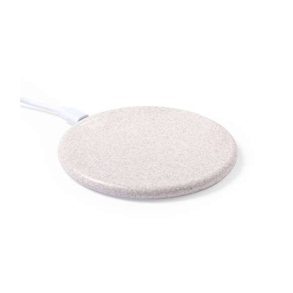 Cargador inalámbrico de diseño circular fabricado en caña de trigo, para así fomentar la utilización de materias primas naturales y reducir las emisiones contaminantes.  Con función carga rápida de 10W e indicador led. Cable de carga micro USB incluido y compatible con dispositivos equipados con tecnología de carga inalámbrica. Protección de seguridad para evitar sobrecalentamiento, sobrecarga y cortocircuito. Presentado en atractiva caja de diseño nature.