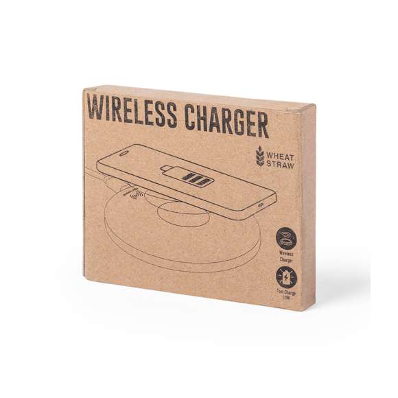 Cargador inalámbrico de diseño circular fabricado en caña de trigo, para así fomentar la utilización de materias primas naturales y reducir las emisiones contaminantes.  Con función carga rápida de 10W e indicador led. Cable de carga micro USB incluido y compatible con dispositivos equipados con tecnología de carga inalámbrica. Protección de seguridad para evitar sobrecalentamiento, sobrecarga y cortocircuito. Presentado en atractiva caja de diseño nature.