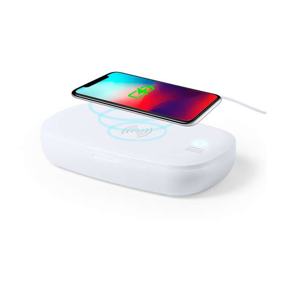 Caja esterilizadora de luz ultravioleta tipo C, con cargador inalámbrico para smartphone integrado en tapa. Especialmente diseñada para la eliminación de microorganismos y bacterias en objetos de uso cotidiano como el smartphone, llaves, gafas, mascarilla, auriculares, smartwatch... Fabricada en resistente material ABS de acabado mate y presentada en atractiva caja individual de diseño.  Fácil de usar, basta con introducir el objeto dentro de la caja. Potencia de bombilla 1W longitud de onda de 270-280 nm, con alimentación mediante cable USB Tipo C de 1m de largo con color a juego. Tiempo de esterilización de 5 y 10 minutos con función auto-apagado.  Disponible manual de usuario en español e inglés. Disponible certificación CE, RoHS y de efectividad germicida. Para un uso adecuado del producto, evitar el contacto con la piel y los ojos.