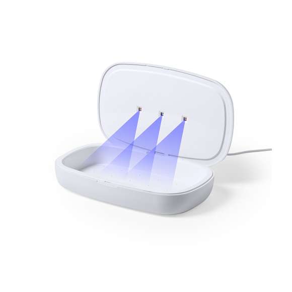 Caja esterilizadora de luz ultravioleta tipo C, con cargador inalámbrico para smartphone integrado en tapa. Especialmente diseñada para la eliminación de microorganismos y bacterias en objetos de uso cotidiano como el smartphone, llaves, gafas, mascarilla, auriculares, smartwatch... Fabricada en resistente material ABS de acabado mate y presentada en atractiva caja individual de diseño.  Fácil de usar, basta con introducir el objeto dentro de la caja. Potencia de bombilla 1W longitud de onda de 270-280 nm, con alimentación mediante cable USB Tipo C de 1m de largo con color a juego. Tiempo de esterilización de 5 y 10 minutos con función auto-apagado.  Disponible manual de usuario en español e inglés. Disponible certificación CE, RoHS y de efectividad germicida. Para un uso adecuado del producto, evitar el contacto con la piel y los ojos.
